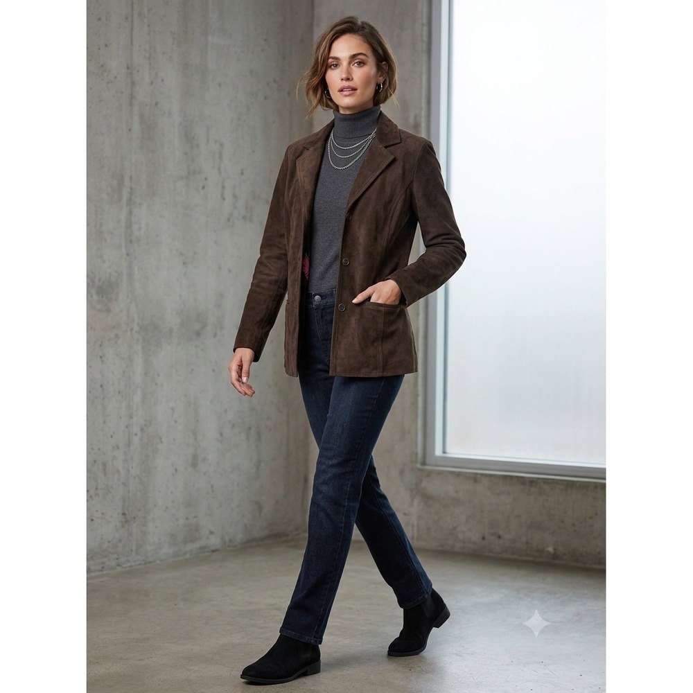 AC DiMilano Womens Genuine Suede Blazer Jacket Chocolate Brown XL 3-Button Front